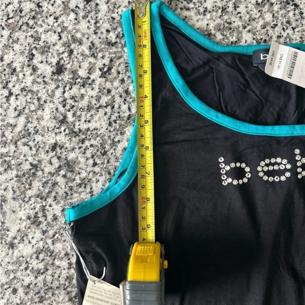 Bebe Black Top with Teal Accents and Rhinestone Logo - Picture 5 of 9